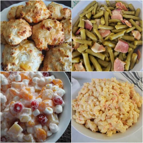 Collage of pulled pork sides, cheddar bay biscuits, green beans and bacons, fruit salad, and Hawaiian Mac Salad