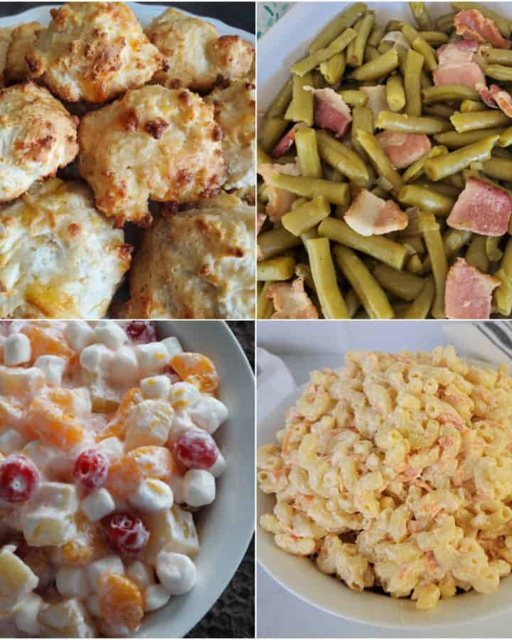 Collage of pulled pork sides, cheddar bay biscuits, green beans and bacons, fruit salad, and Hawaiian Mac Salad