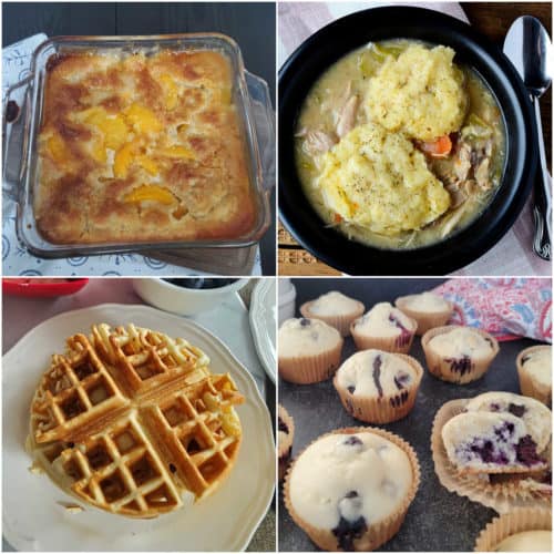 4 Bisquick Recipes in a collage, peach cobbler, dumplings, waffle, and blueberry muffins
