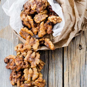 Candied pecans wrapped in parchment paper