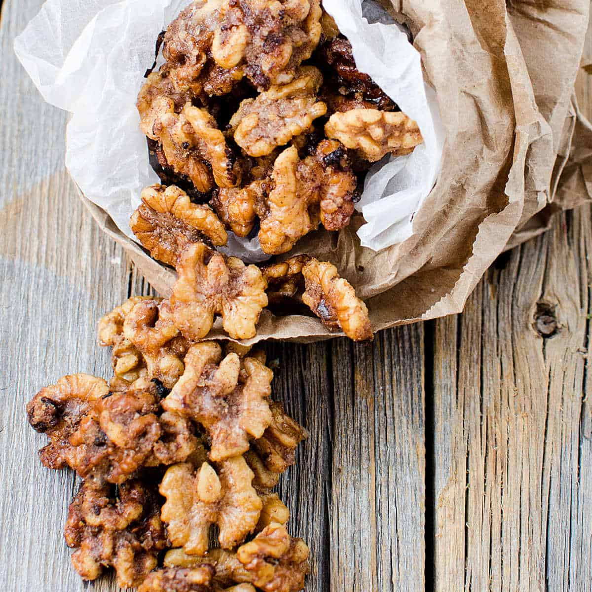 Candied pecans wrapped in parchment paper