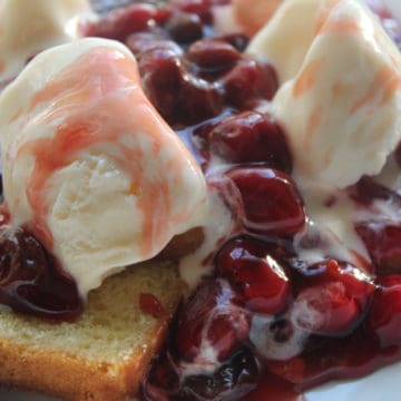 cherry jubilee on pound cake with ice cream
