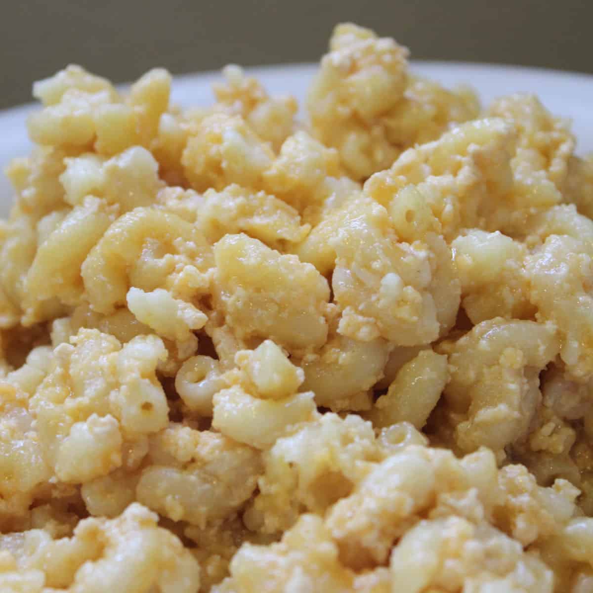 Crockpot macaroni and cheese in a white bowl