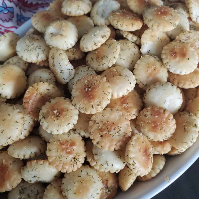 Dill Oyster Crackers in a white bowl