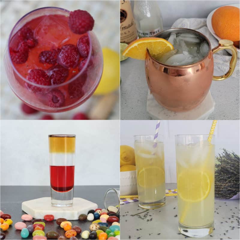 Collage of Easter Cocktails, champagne, orange moscow mule, jelly belly shot, lavender lemonade