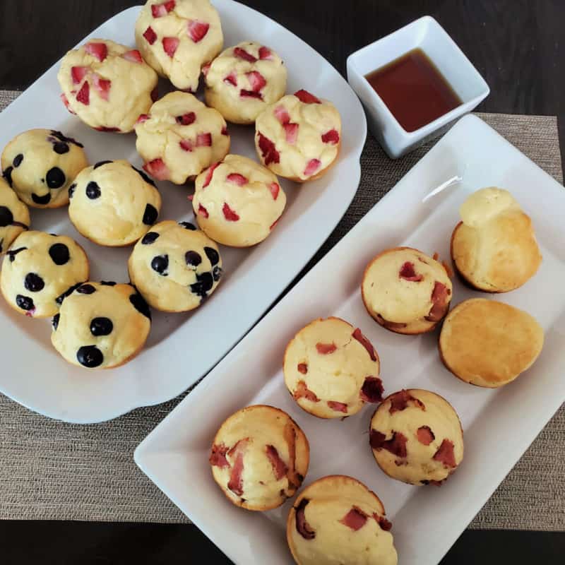 pancake muffins on white platters with different toppings