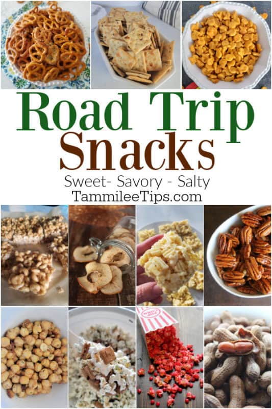 Road trip Snacks collage with sweet, savory, and salty snacks