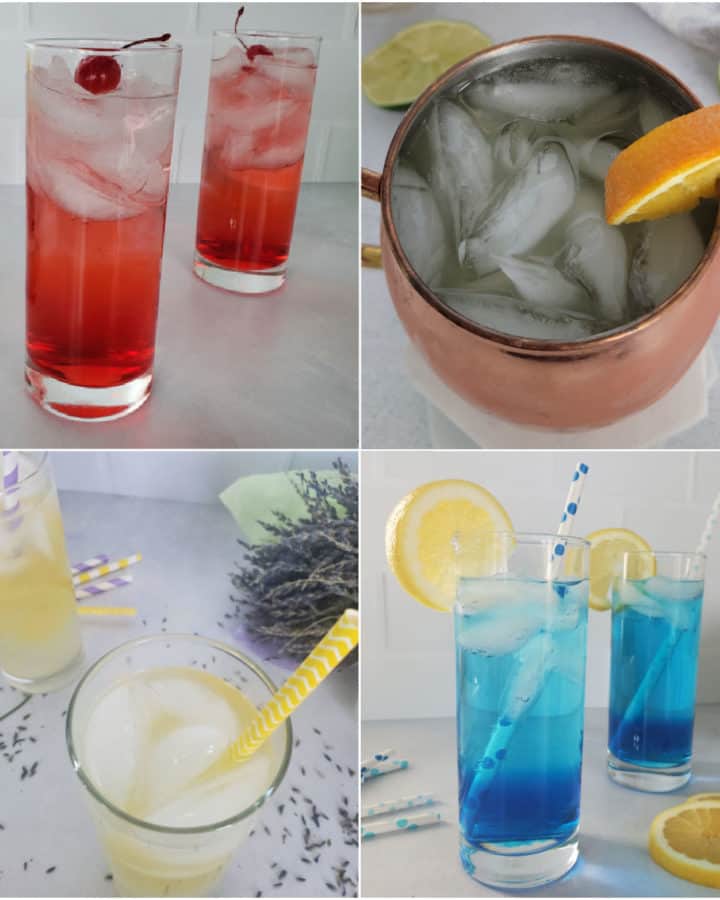 Collage of four spring cocktails including an orange mule, lavender lemonade, dirty shirley and blue sex in the driveway