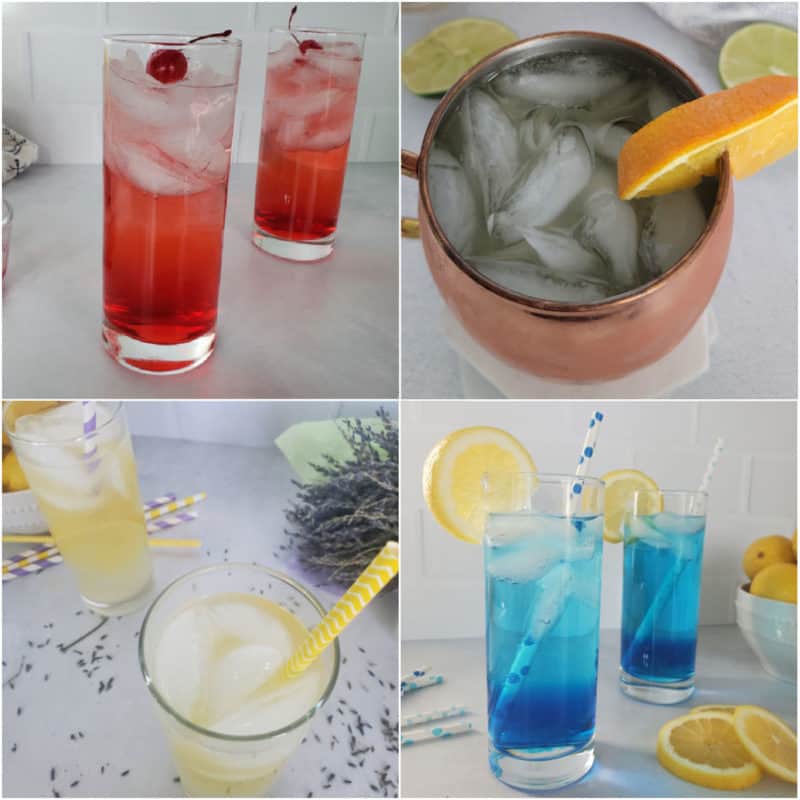 Collage of four spring cocktails including an orange mule, lavender lemonade, dirty shirley and blue sex in the driveway