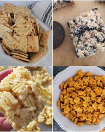 Collage of Road Trip Snacks including alabama fire crackers, oreo krispie treats, ruffles treats, and old bay goldfish