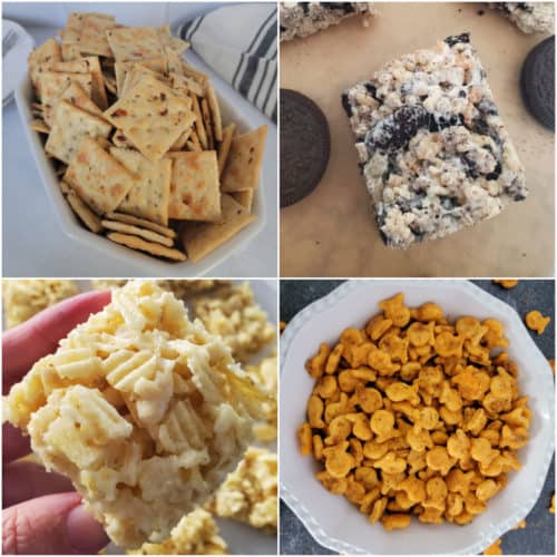 Collage of Road Trip Snacks including alabama fire crackers, oreo krispie treats, ruffles treats, and old bay goldfish