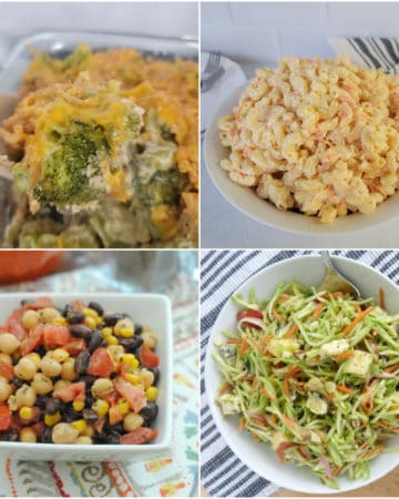 sloppy joe sides collage with broccoli casserole, hawaii mac salad, black bean corn salad, and broccoli slaw