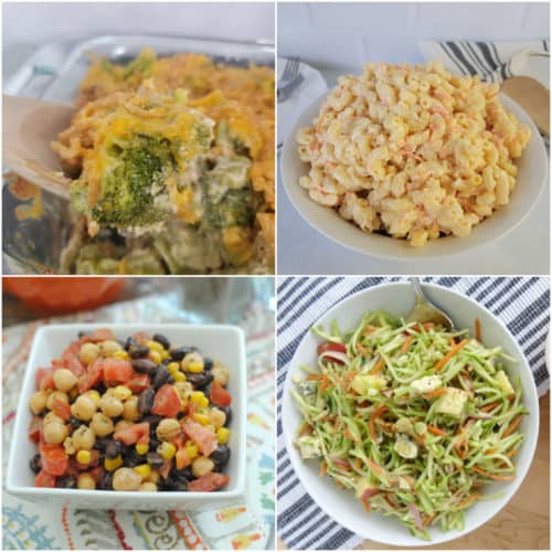 sloppy joe sides collage with broccoli casserole, hawaii mac salad, black bean corn salad, and broccoli slaw