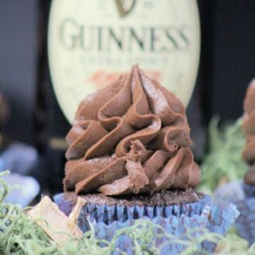 Guinness Chocolate Cupcake with a blue paper wrapper