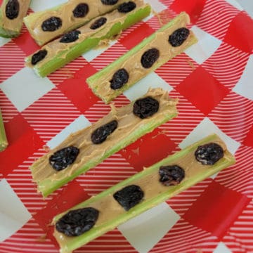 Ants on a Log with peanut butter, raisin, and celery on a red and white plate