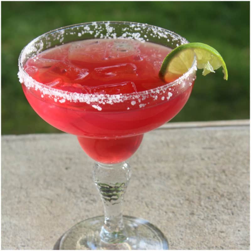 Red margarita in a margarita glass with salt and a lime wedge