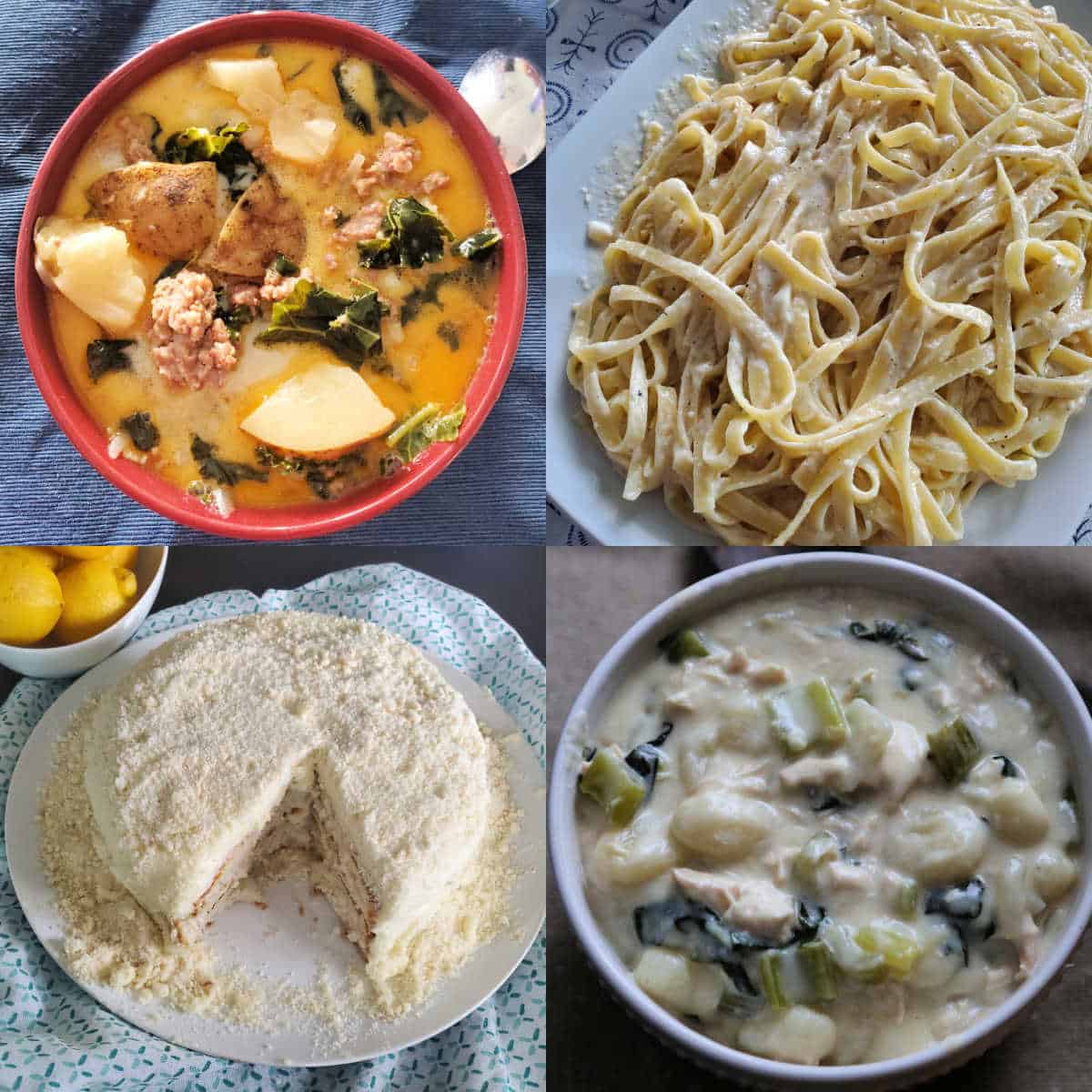 Easy Olive Garden recipes collage with soup, alfredo sauce, and lemon cake
