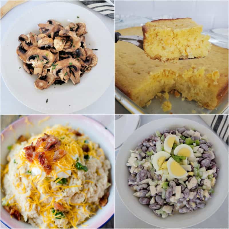 collage of easy side dishes for ham with mushrooms, cornbread, mashed cauliflower rand kidney bean salad