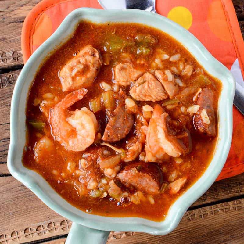 Slow Cooker Gumbo in a white bowl