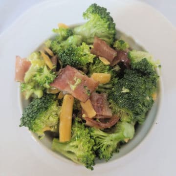 Broccoli Bacon Salad in a white Bowl