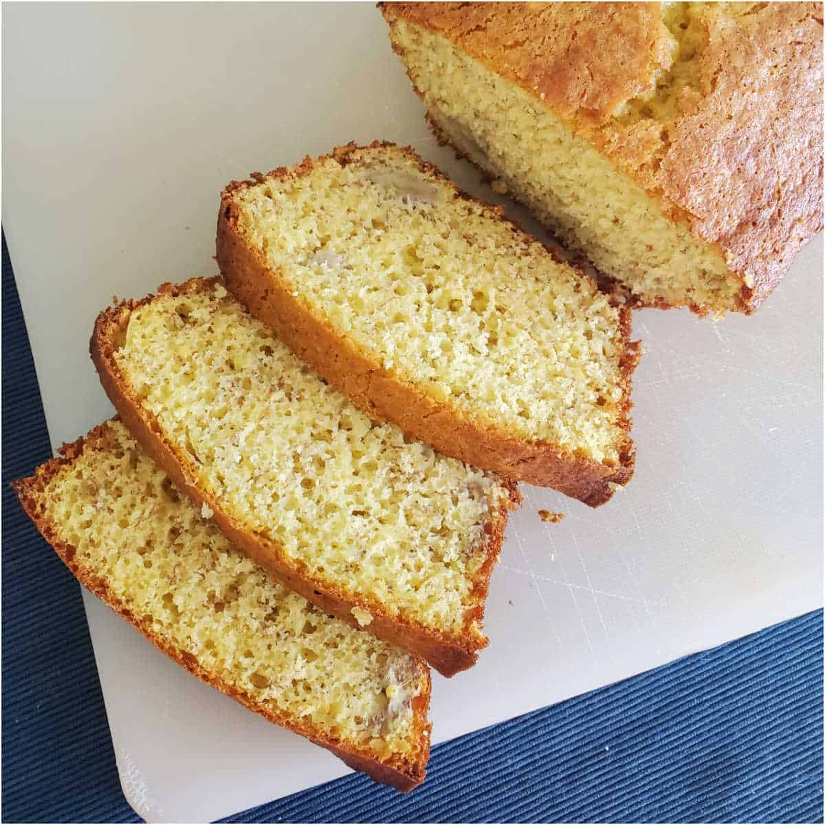 Slices of Cake mix banana bread on a white cutting board