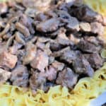 Steak stroganoff on egg noodles