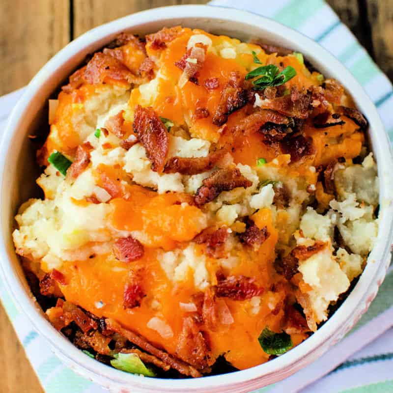 cheese and bacon topped loaded mashed potatoes
