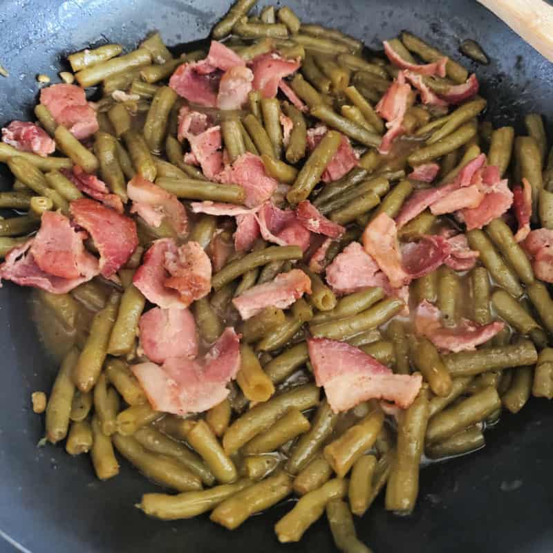 Southern Style Green Beans with bacon in a skillet