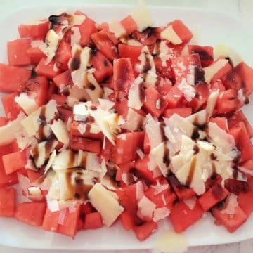 Watermelon Salad with pecorino cheese shavings and balsamic vinegar