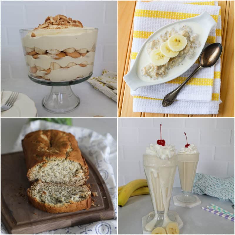 Collage of banana recipes including banana pudding, oatmeal, bread, and milkshake