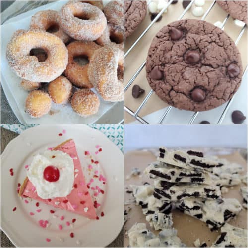 Collage of easy dessert recipes donuts, cookie, pie, and oreo bark