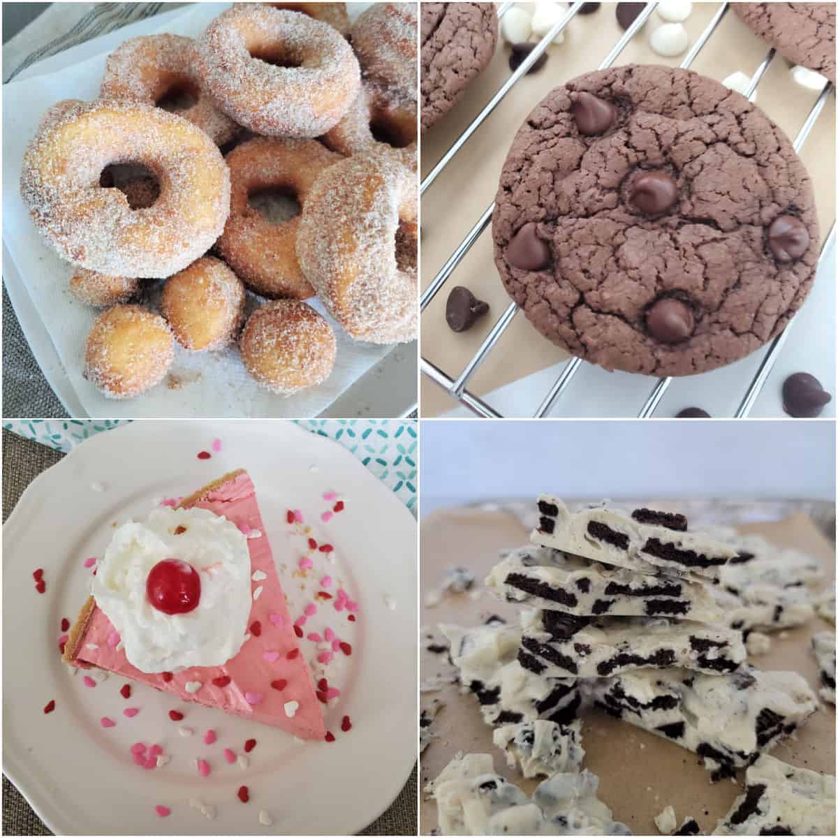 Collage of easy dessert recipes donuts, cookie, pie, and oreo bark