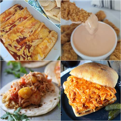 Collage of 3 ingredient recipes with enchiladas, spicy mayo dip, mango chicken and buffalo chicken