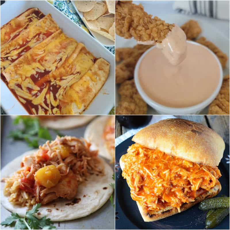 Collage of 3 ingredient recipes with enchiladas, spicy mayo dip, mango chicken and buffalo chicken