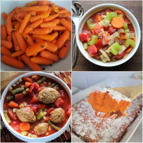 Collage of carrot recipes with soup, souffle, and cracker barrel carrots