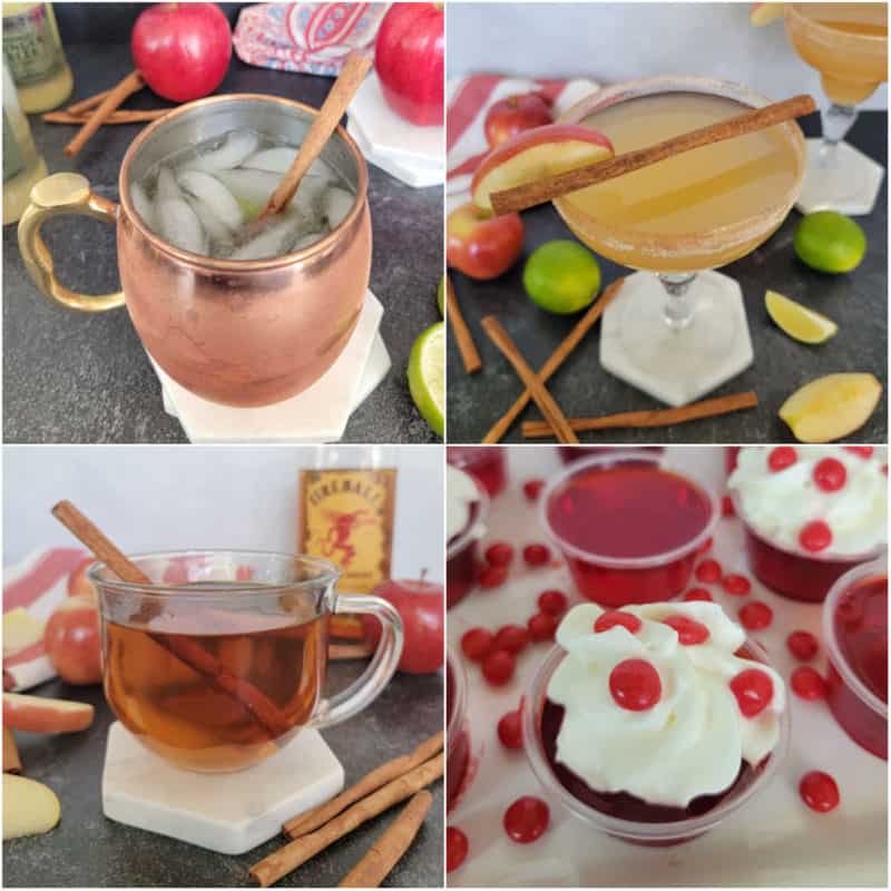 Collage of Fall Cocktails including apple cider mule, margarita, fireball apple cider, and fireball jello shots