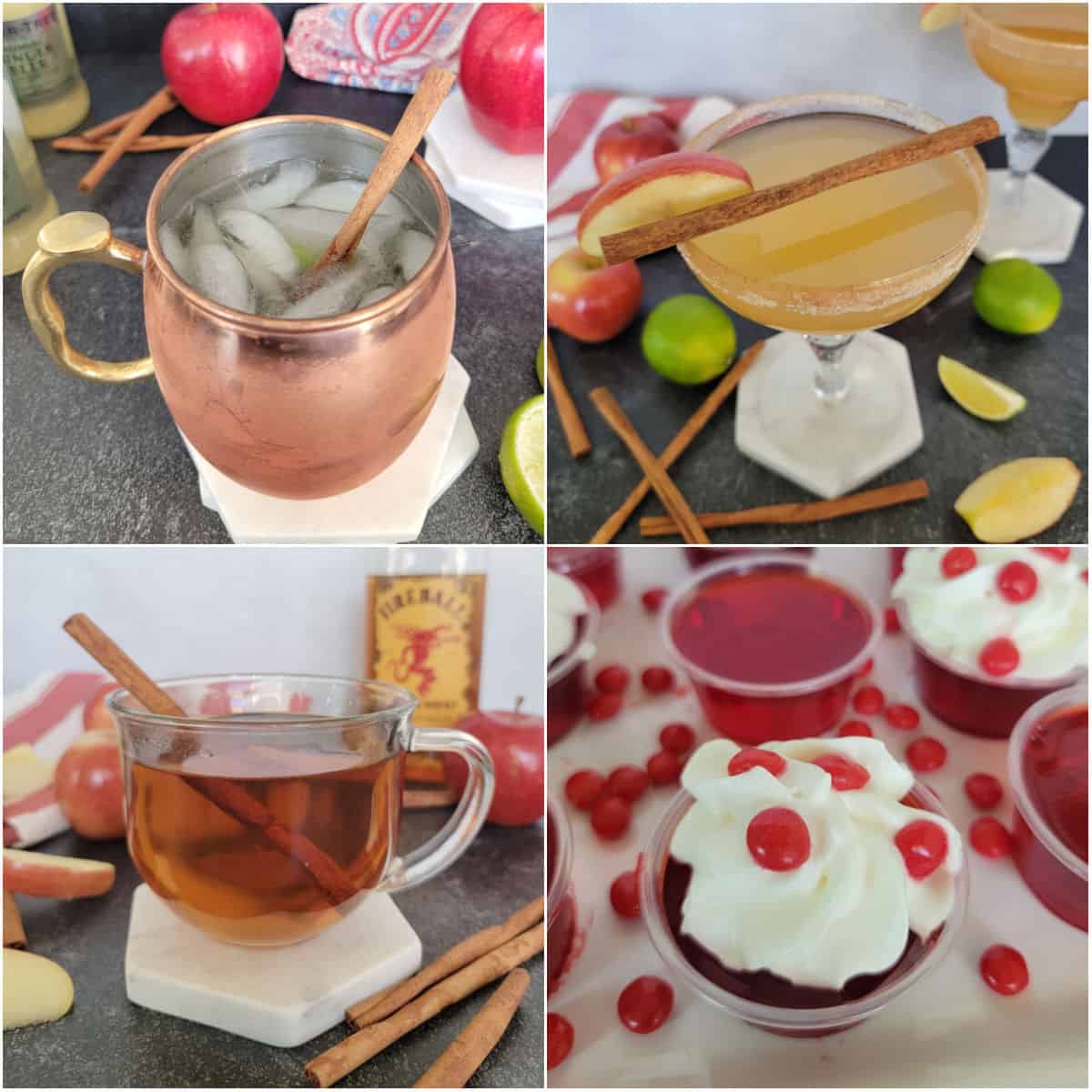 Collage of Fall Cocktails including apple cider mule, margarita, fireball apple cider, and fireball jello shots