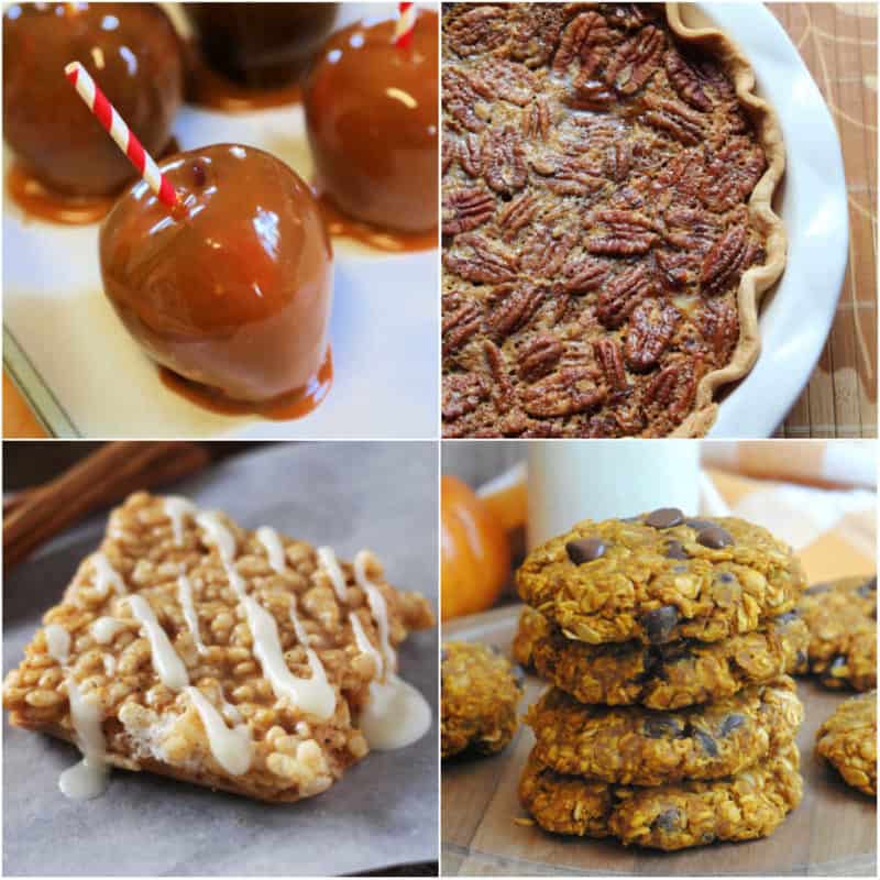 Collage of Fall Dessert Recipes with caramel apples, pumpkin pecan pie, pumpkin rice crispie treats, and pumpkin oatmeal cocokies