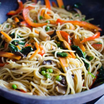 Vegetable lo mein in a bowl