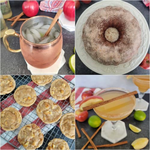 Collage of recipes using Apple Cider including mule, cake, cookies, and a margarita