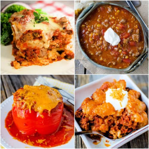 Collage of Ground Beef Crockpot Recipes with lasagna, camp stew, stuffed peppers, and tater tot sloppy joe casserole