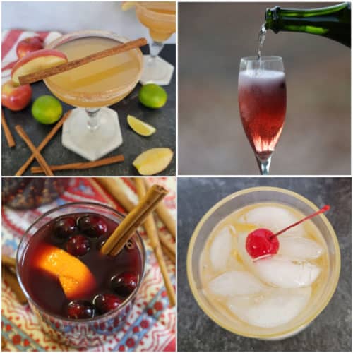 Collage of Thanksgiving Cocktails with apple cider margarita, cranberry mimosa, mulled wine, and fireball ginger ale cocktail