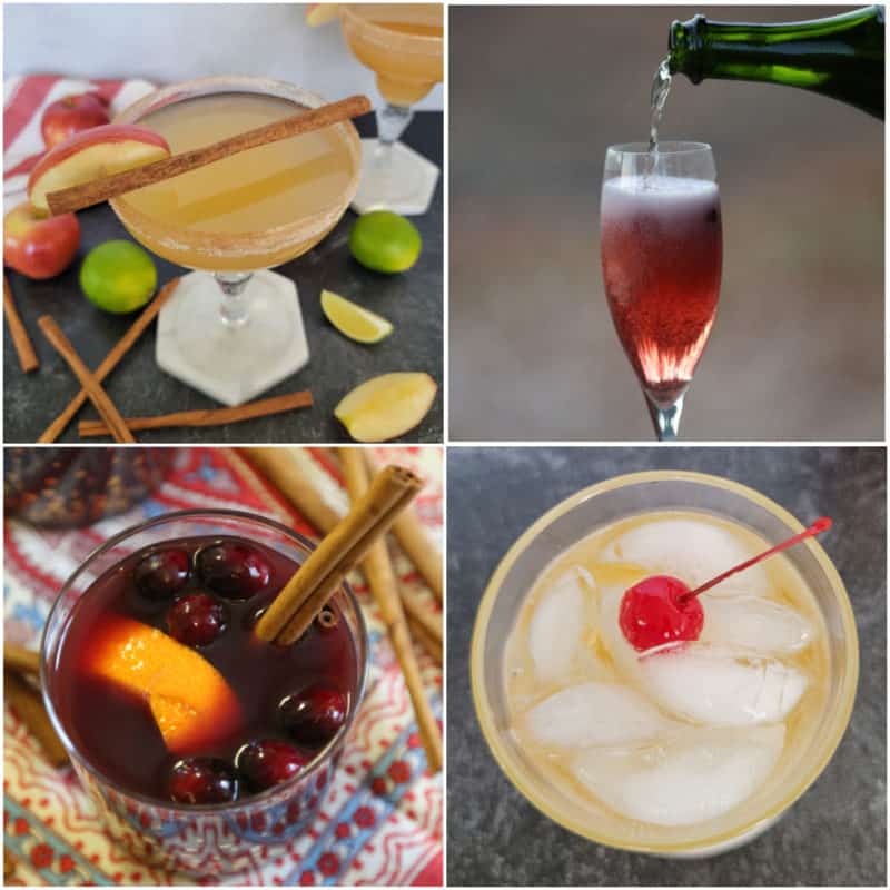 Collage of Thanksgiving Cocktails with apple cider margarita, cranberry mimosa, mulled wine, and fireball ginger ale cocktail 
