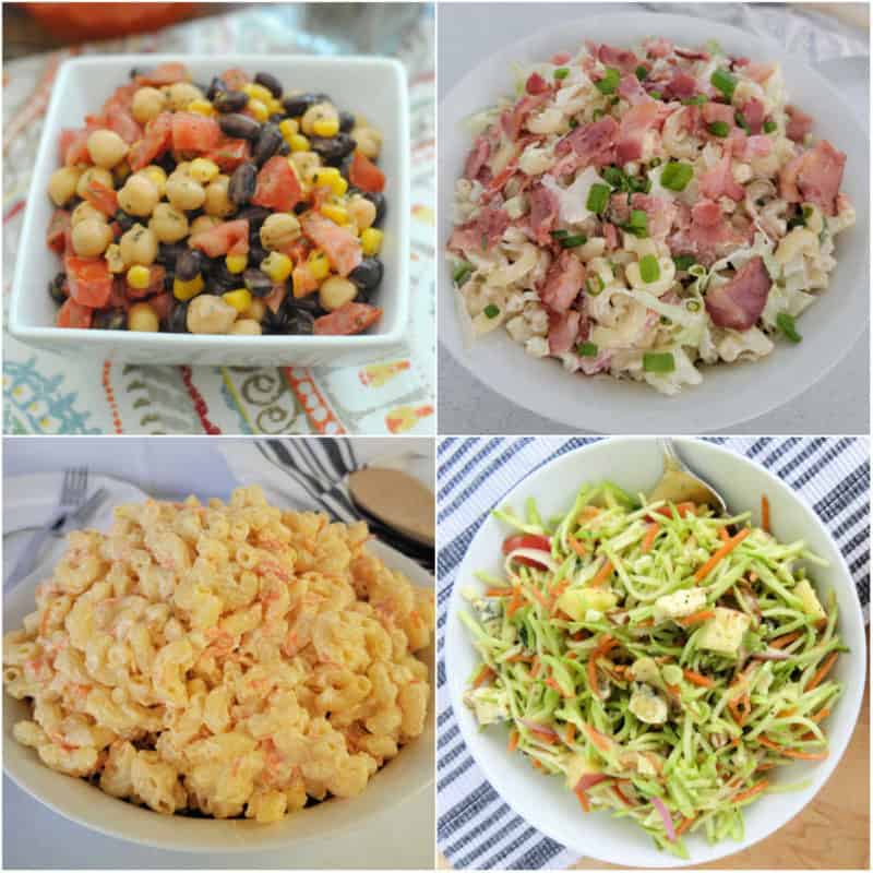Collage of BBQ Sides with corn salad, blt salad, mac salad, and broccoli slaw