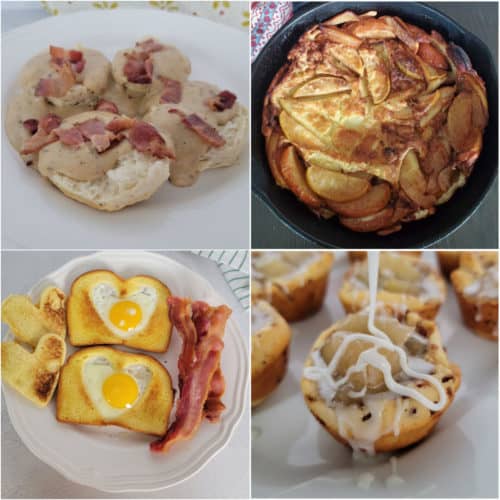 Collage of breakfast for dinner recipes with bacon gravy, dutch pancake, eggs, and cinnamon roll