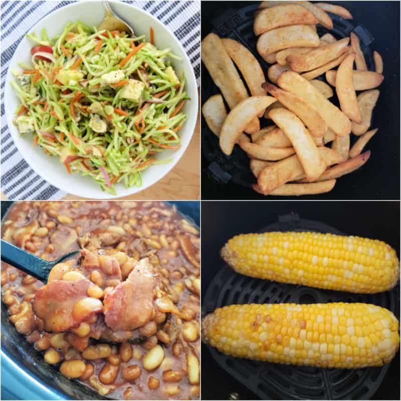 Collage of Burger Sides including broccoli slaw, French fries, baked beans, and corn