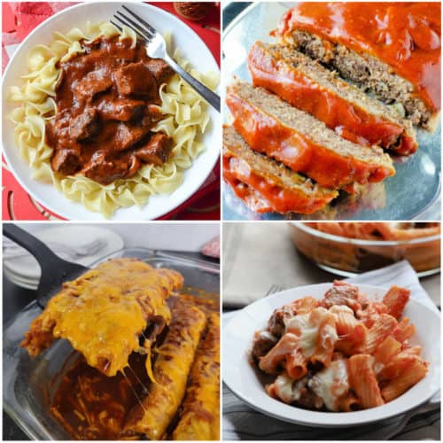 Collage of comfort food recipes including goulash, meatloaf, enchiladas, and pasta with mini meatballs