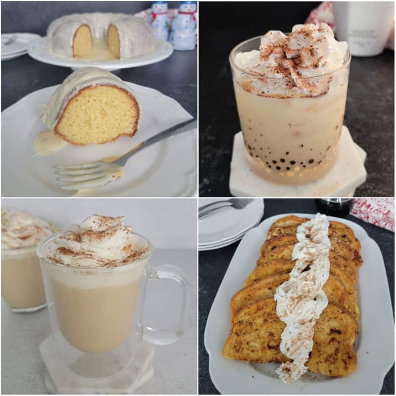 Collage of eggnog recipes with cake, drinks, and french toast