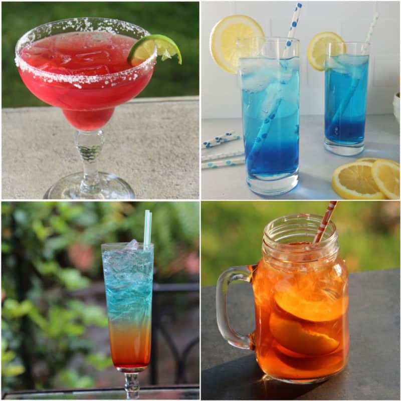 Collage of Fruity Alcoholic Drinks with a red margarita, blue drink, rainbow drink, and peach tea