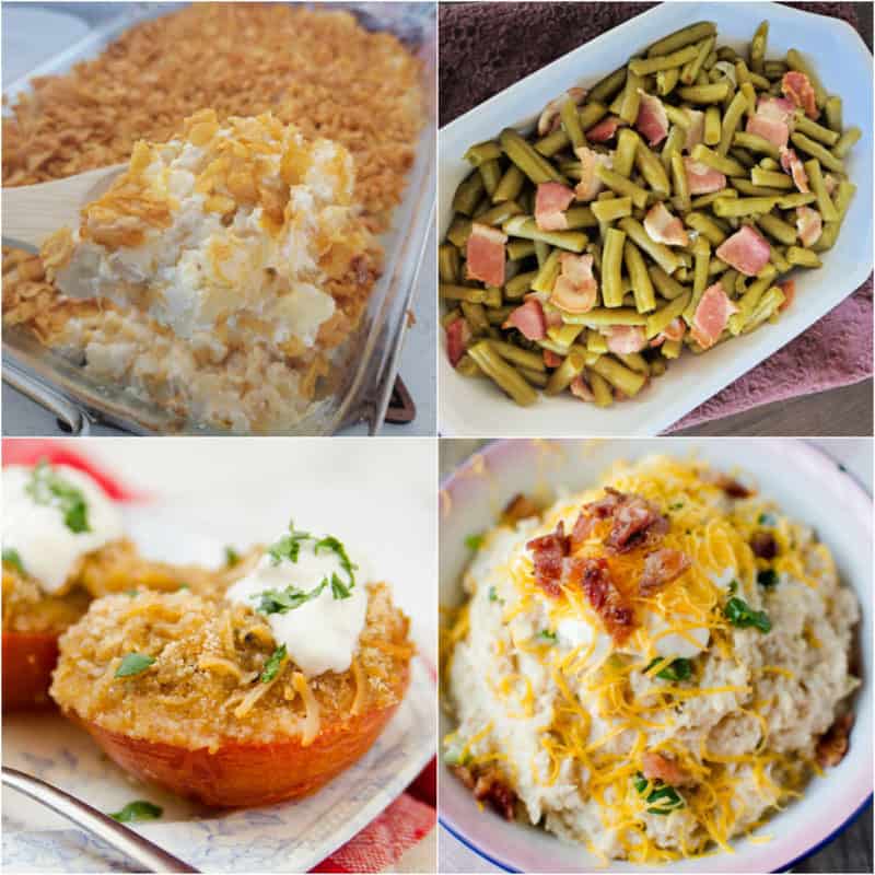 Collage of meatloaf sides with funeral potatoes, green beans, stuffed tomatoes, and mashed cauliflower